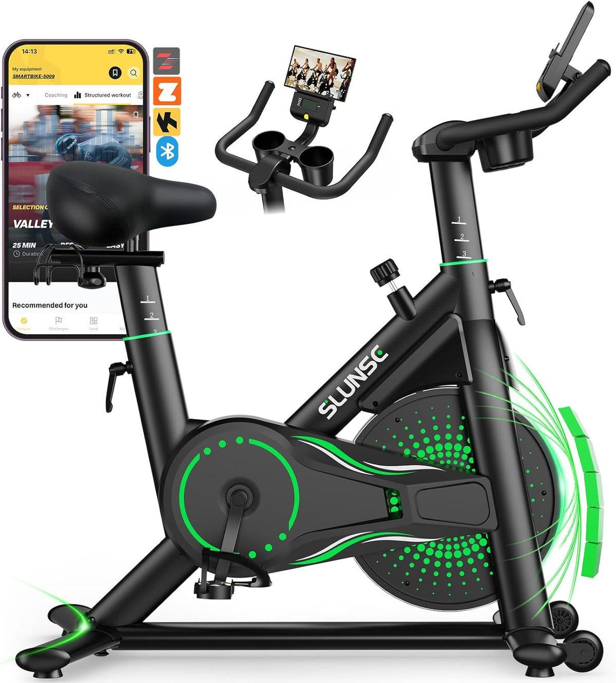 Bicicleta estática para casa, bicicleta de fitness interior silenciosa con resistencia ajustable, bicicleta estática con aplicación, soporte para mancuernas, pantalla LCD, asiento cómodo, capacidad de 180 kg