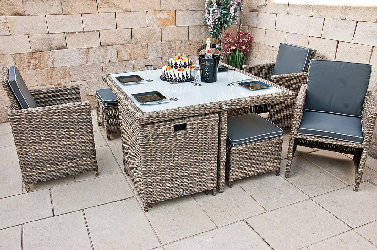 Ragnarök PolyRattan - Marca ALEMANA - Producción PROPIA - 8 años de garantía - Muebles de jardín, conjunto de comedor, mesa, 4 sillas, taburetes, 12 cojines, gris, aluminio inoxidable, natural, comedor, cubo, cristal
