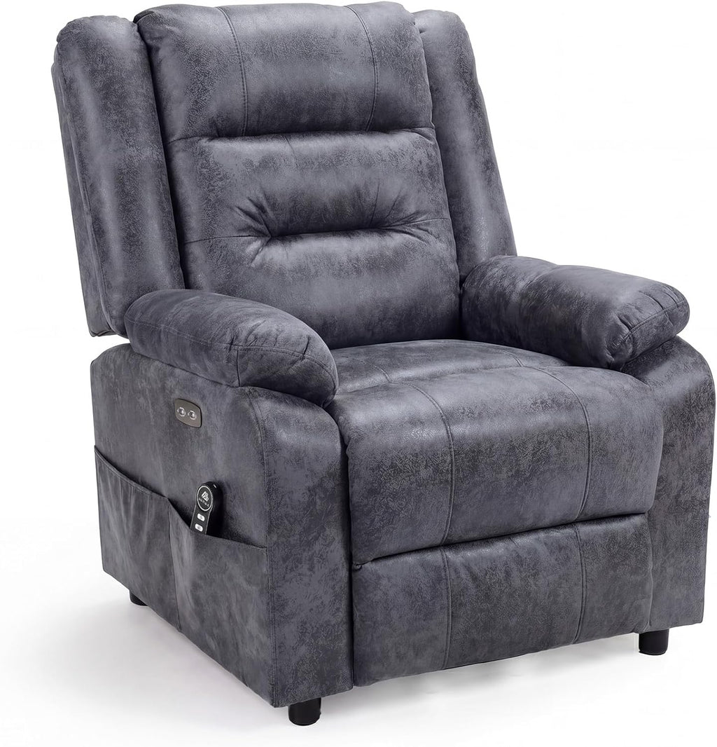 Sillón relax eléctrico con función de levantamiento, sillón de masaje con función de calor, función reclinable, control remoto ajustable, función de descanso y reposapiés, hasta 220 kg, cuero flocado gris oscuro