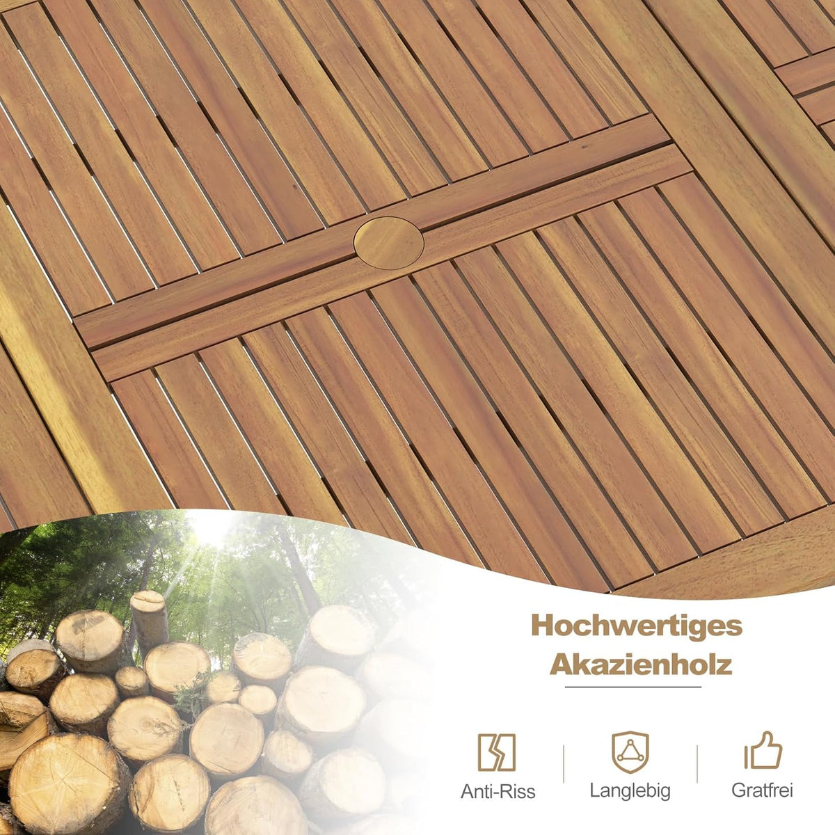 Mesa de jardín COSTWAY con orificio para sombrilla, 200x90 cm, mesa de terraza grande para 8 personas, mesa de balcón rectangular con tablero de madera de acacia, mesa de comedor al aire libre para jardín, terraza