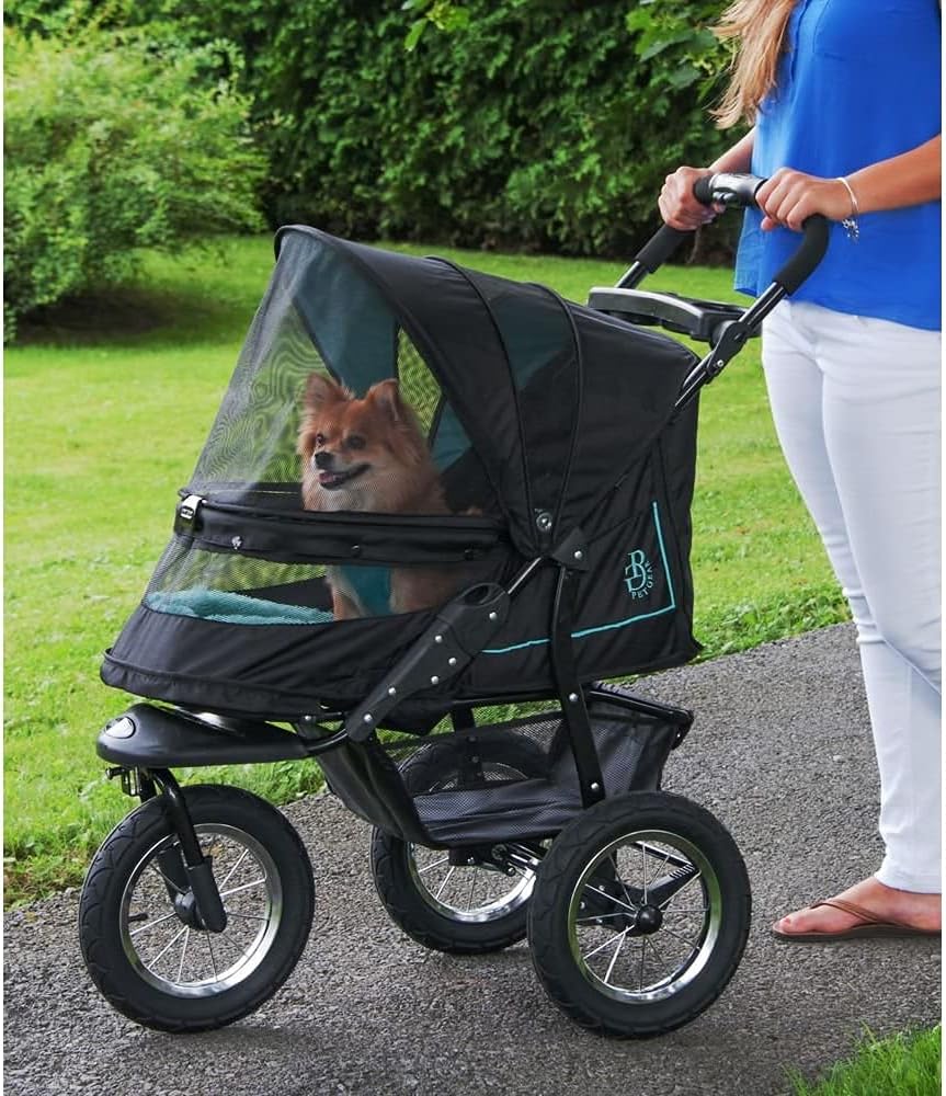 Cochecito para mascotas No-Zip NV para gatos/perros, entrada sin cremallera, plegado fácil con una sola mano, ruedas con relleno de gel, cojín de felpa + protector contra la intemperie incluidos, 3 colores