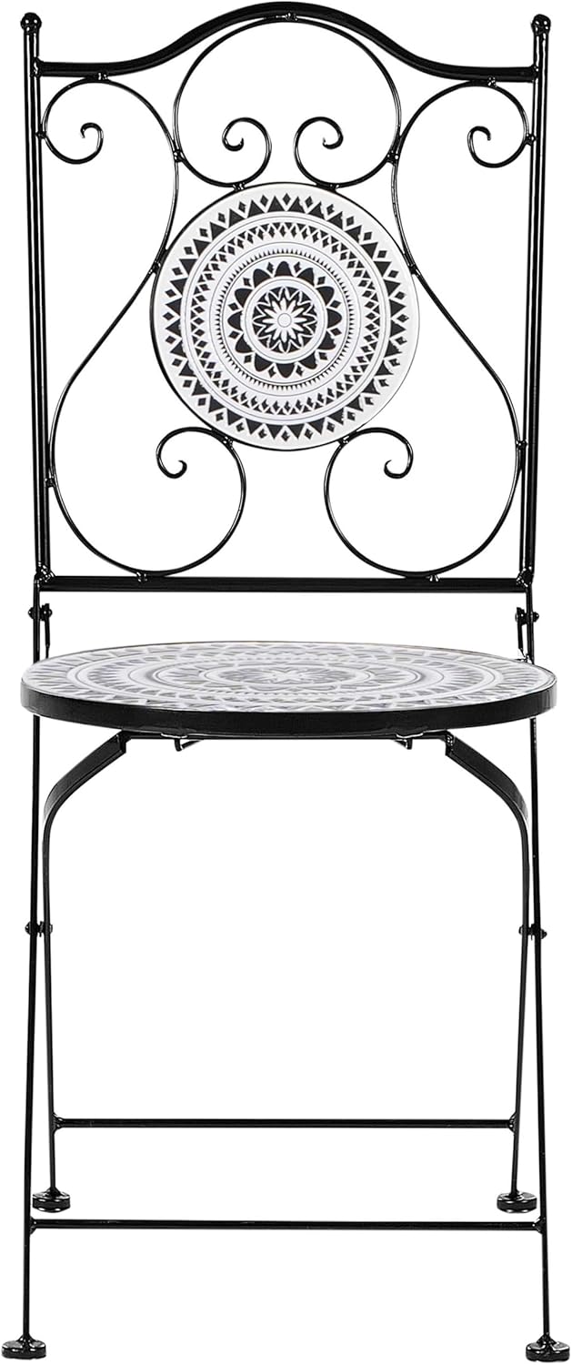 Set de balcón Beliani de 3 piezas de hierro, mesa de mosaico blanco/negro con 2 sillas plegables Comiso