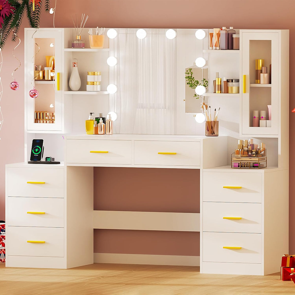 ANWBROAD 150cm Tocador grande con iluminación LED ajustable de 3 colores y enchufes, tocador moderno con espejo, 8 cajones, 6 estantes abiertos, mesa de maquillaje blanco BDT67W