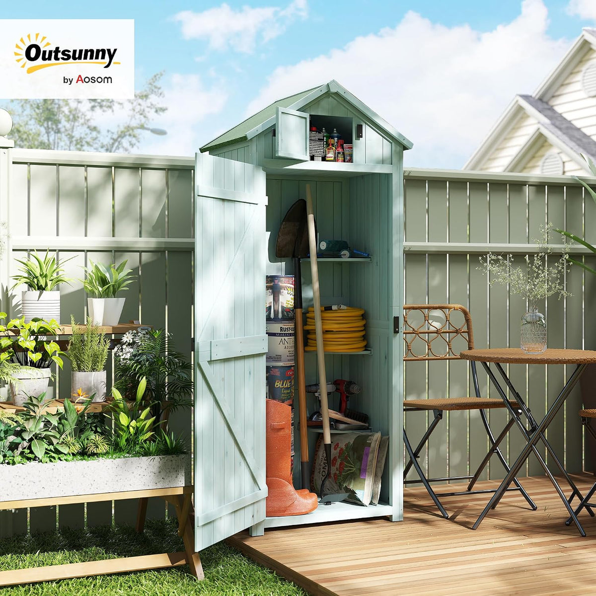 Armario de jardín Outsunny de madera, cobertizo resistente a la intemperie 77x54,2x179cm, caseta con puerta, techo a dos aguas, armario con estantes, armario para herramientas, cobertizo para jardín, terraza, azul claro+verde