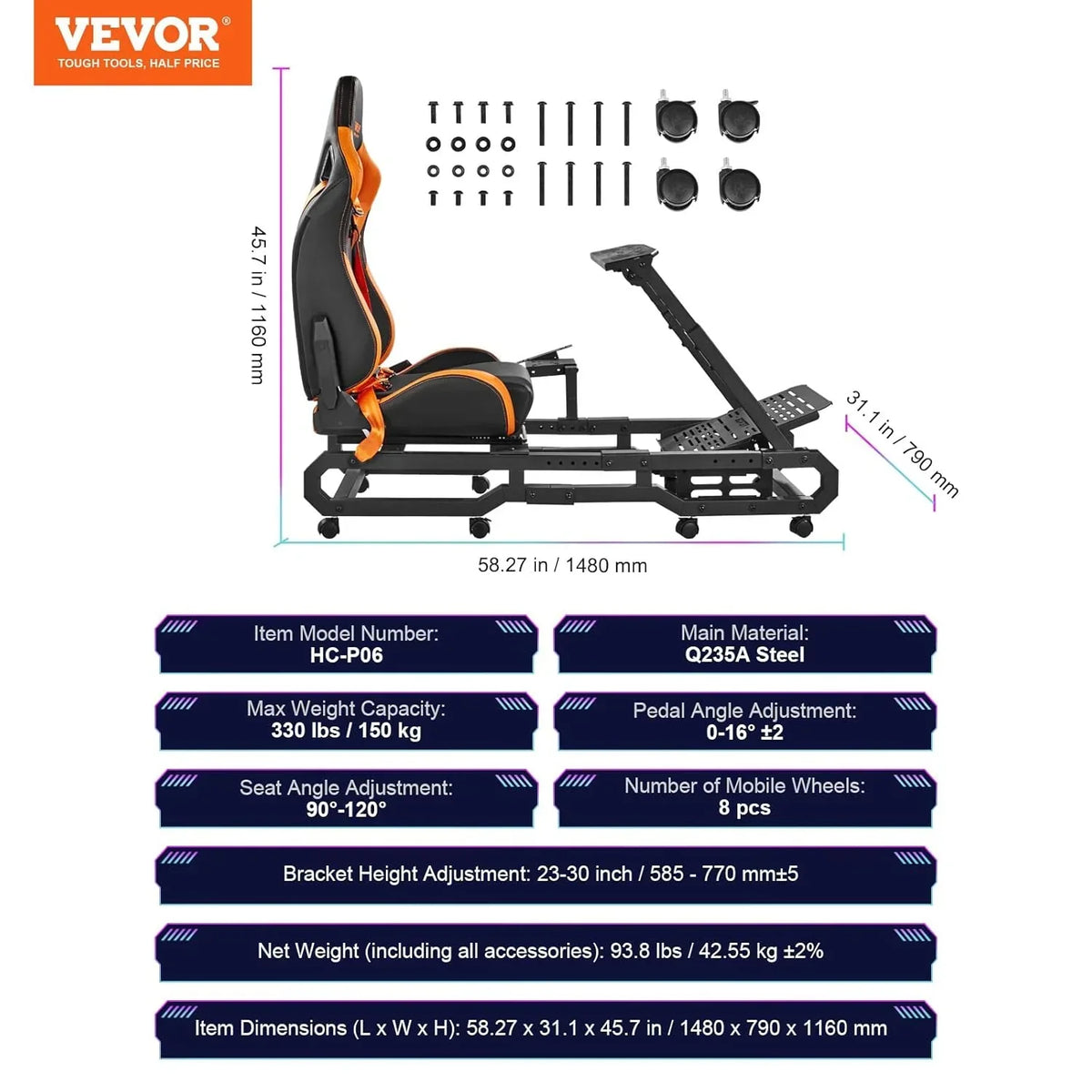 VEVOR Racing Wheel Stand with Wheels for Logitech G923/G920/G29, Heavy-Duty Steel Driving Simulator Cockpit, Thrustmaster T248P, Adjustable Wheel and Pedal Mount