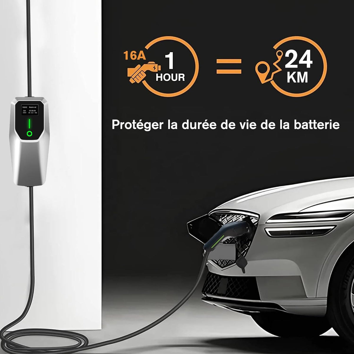 Cargador de vehículo eléctrico AWESAFE Tipo 2, cable de carga de 8 m, ajustable a 6/8/10/13/16 A, con pantalla digital, resistente al agua IP65 (IEC 62196-2 Tipo 2 hembra)
