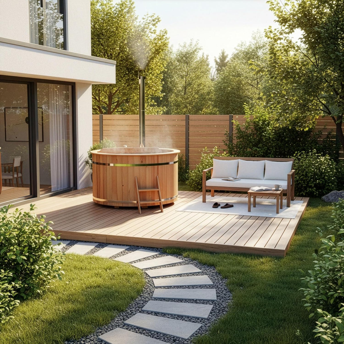 Tina de baño de madera Bergen, Hot Tub Ø 160 x 110 cm, incl. estufa de acero inoxidable de 22 kW y escalera de acceso, 3-4 personas, piscina, tina de baño, hidromasaje