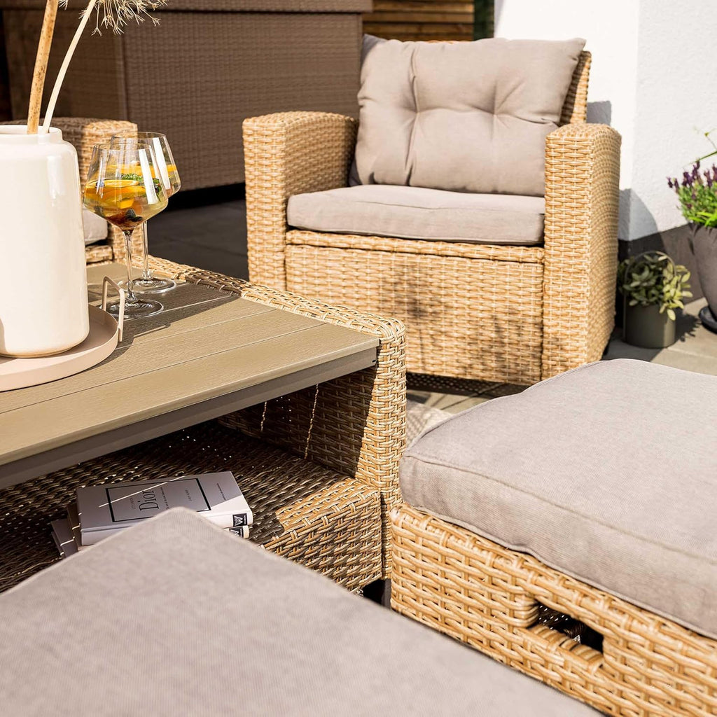 Set de muebles de jardín de poliratán Firenze de di volio - Conjunto lounge con sofá doble, 2 sillones, 2 taburetes y mesa - Set de muebles de jardín con aspecto de ratán, incluye una manta de forro polar