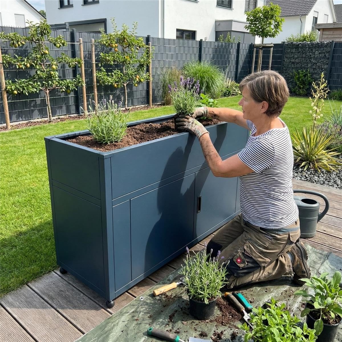 Cama elevada Metzler para jardín con espacio de almacenamiento – Acero con recubrimiento en polvo en color antracita RAL 7016 | Cama de cultivo metálica resistente a la intemperie, huerto, jardinera elevada | 160 x 85 x 50 cm