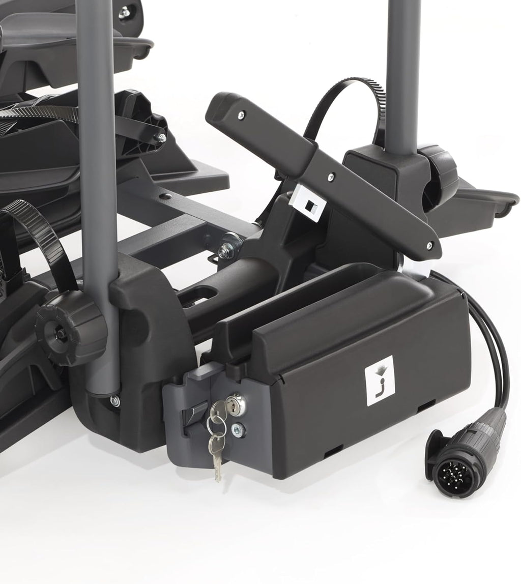 Portabicicletas de enganche Fischer ProlineEvo 2, para 2 bicicletas hasta 60 kg de carga útil, apto para bicicletas eléctricas, premontado, bloqueable, plegable