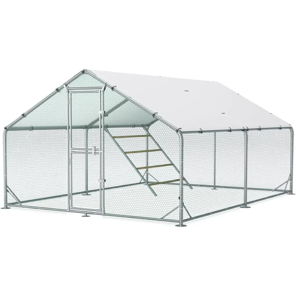 Gallinero de metal con recinto exterior y techo CC3X4X2, 3x4x2 m, resistente a la intemperie, para 10 a 20 gallinas, incluye escalera de descanso y accesorios