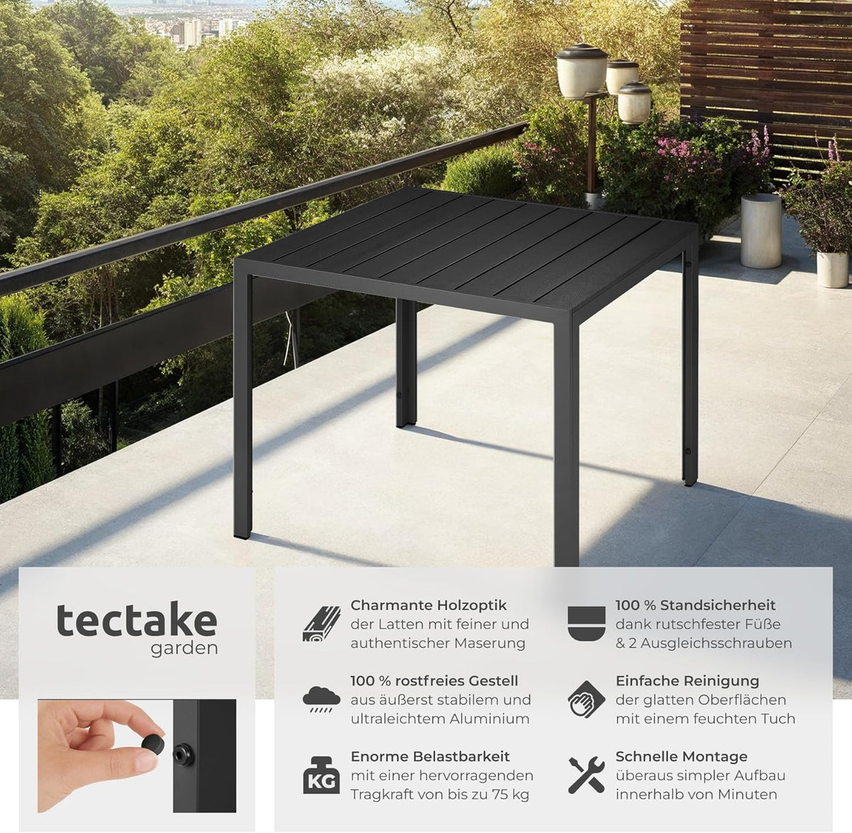 tectake® Mesa de jardín, mesa de comedor exterior, mesa de balcón con aspecto de madera, mesa de terraza con marco de aluminio, muebles de jardín resistentes a la intemperie, 90x90x74,5 cm, mesa para jardín, salón, conjunto de asientos - negro