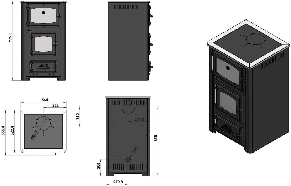Estufa de leña con horno y placa de cocción ABC Concept 2 Air Mini, conexión múltiple, estufa de leña de 10 kW, chimenea, estufa, estufa de taller, estufa sueca, estufa de cabaña, estufa de calefacción, estufa de leña
