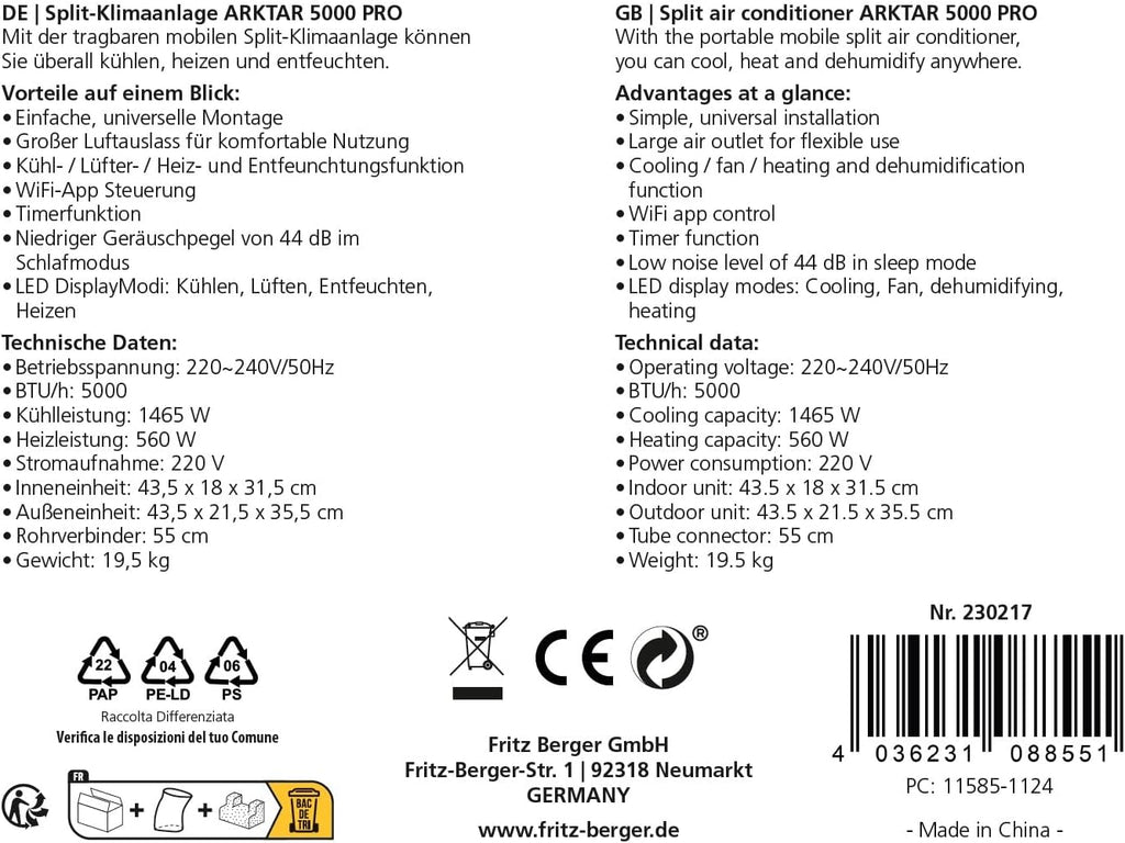 Aire acondicionado portátil BERGER Arktar 5000 Pro con calefacción | Aire acondicionado móvil para camping, caravanas y autocaravanas | Unidad de aire acondicionado para refrigeración y deshumidificación | Control por aplicación y función de temporizador