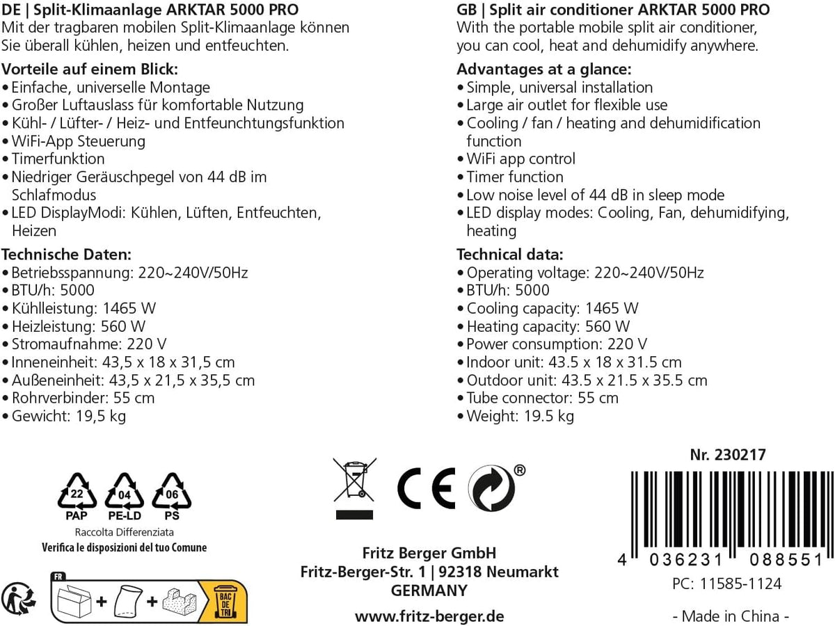 Aire acondicionado portátil BERGER Arktar 5000 Pro con calefacción | Aire acondicionado móvil para camping, caravanas y autocaravanas | Unidad de aire acondicionado para refrigeración y deshumidificación | Control por aplicación y función de temporizador