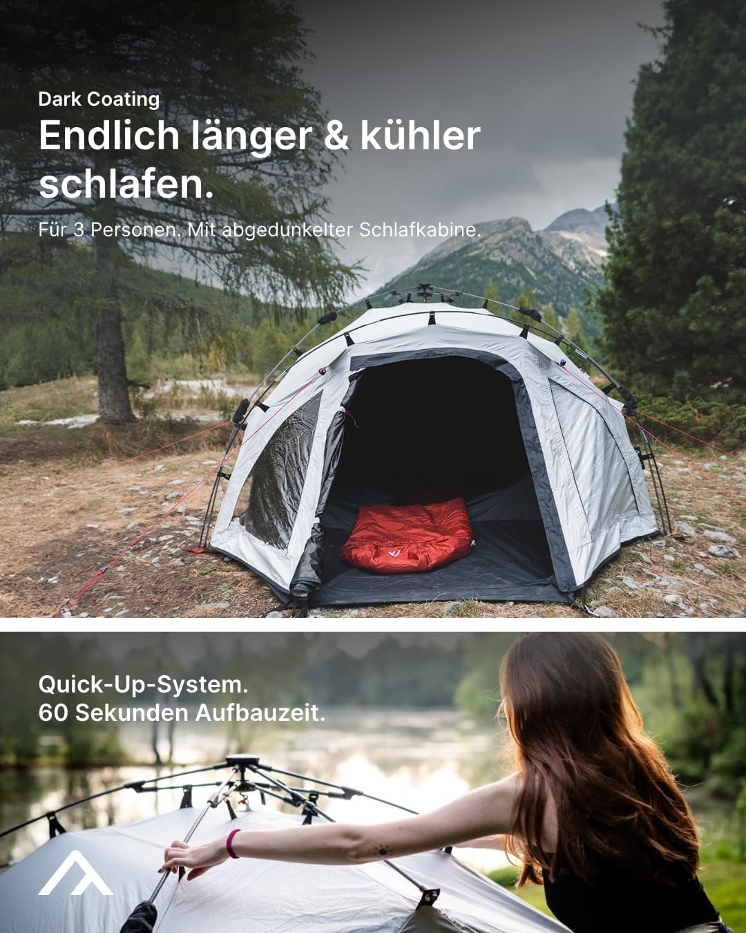 Tienda de campaña con sistema de montaje rápido Quick Oak 3 Dark Series para 3 personas, columna de agua de 4.000 mm y cabina de dormir oscurecida