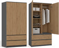 Armario infantil CDF de 90 cm de ancho, armario de dos puertas con 2 cajones, 3 estantes y una barra para colgar ropa, dormitorio, panel laminado de 16 mm, armario multiusos, roble artisan / antracita