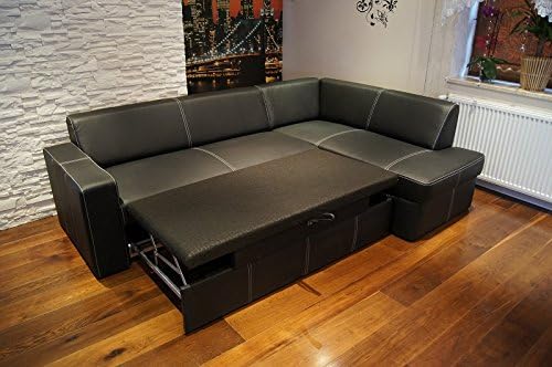 Sofá esquinero de piel auténtica Antalya I 245 x 164 cm negro, cuero con costuras decorativas, sofá con función cama y arcón, sofá esquinero de piel auténtica