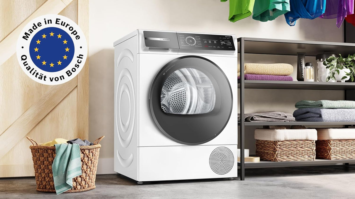Bosch WQB245B40, Stiftung Warentest BIEN (2,5), Secadora con bomba de calor inteligente Serie 8, 9 kg, secado controlado por sensores AutoDry, programa automático SmartDry, pantalla LED, condensador autolimpiante