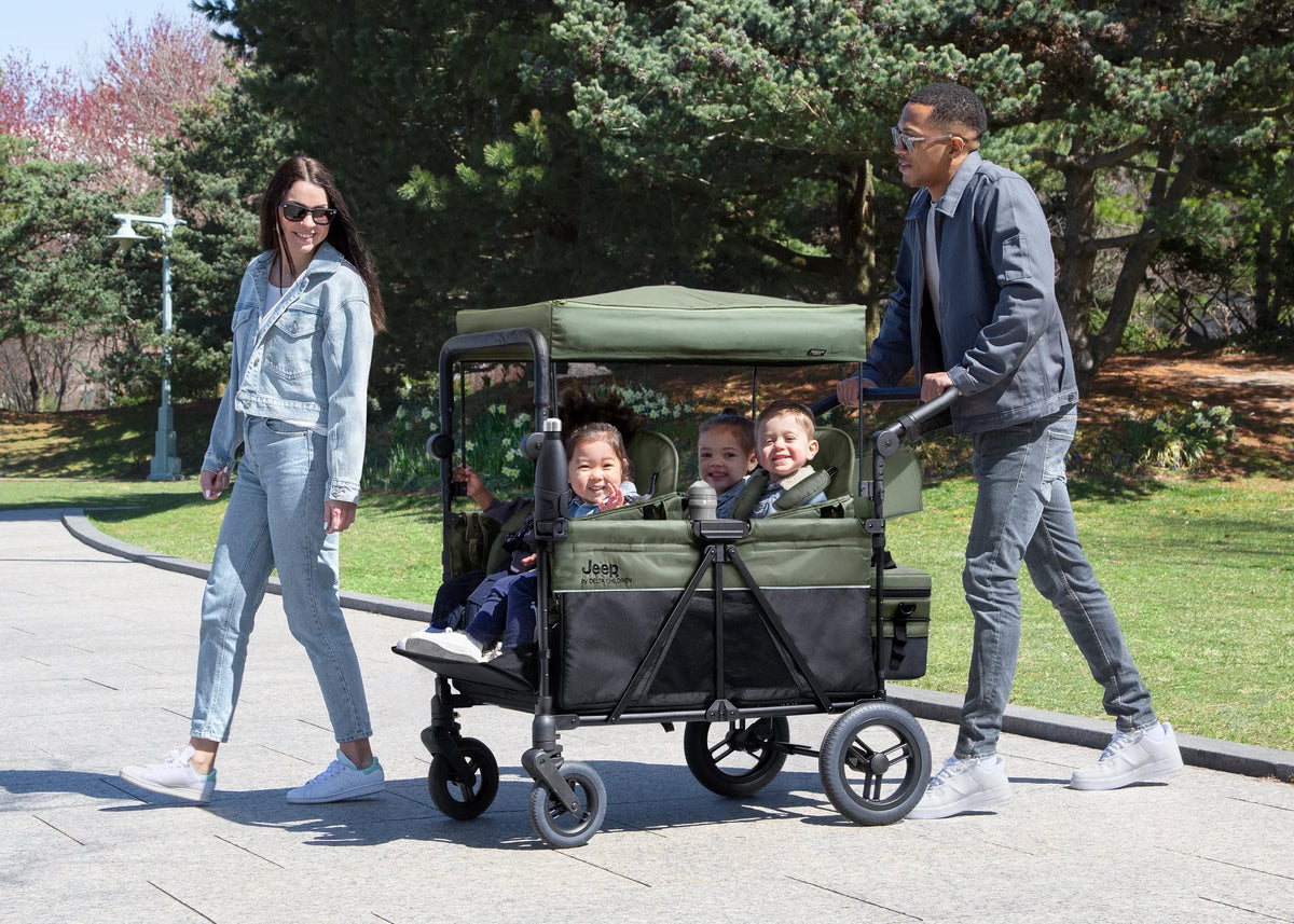Jeep Wrangler Deluxe Stroller Wagon for 4 Kids – Removable Canopy, Cooler Bag, Modular Seats, XXL Storage, All-Terrain Tires, Adjustable Handlebars