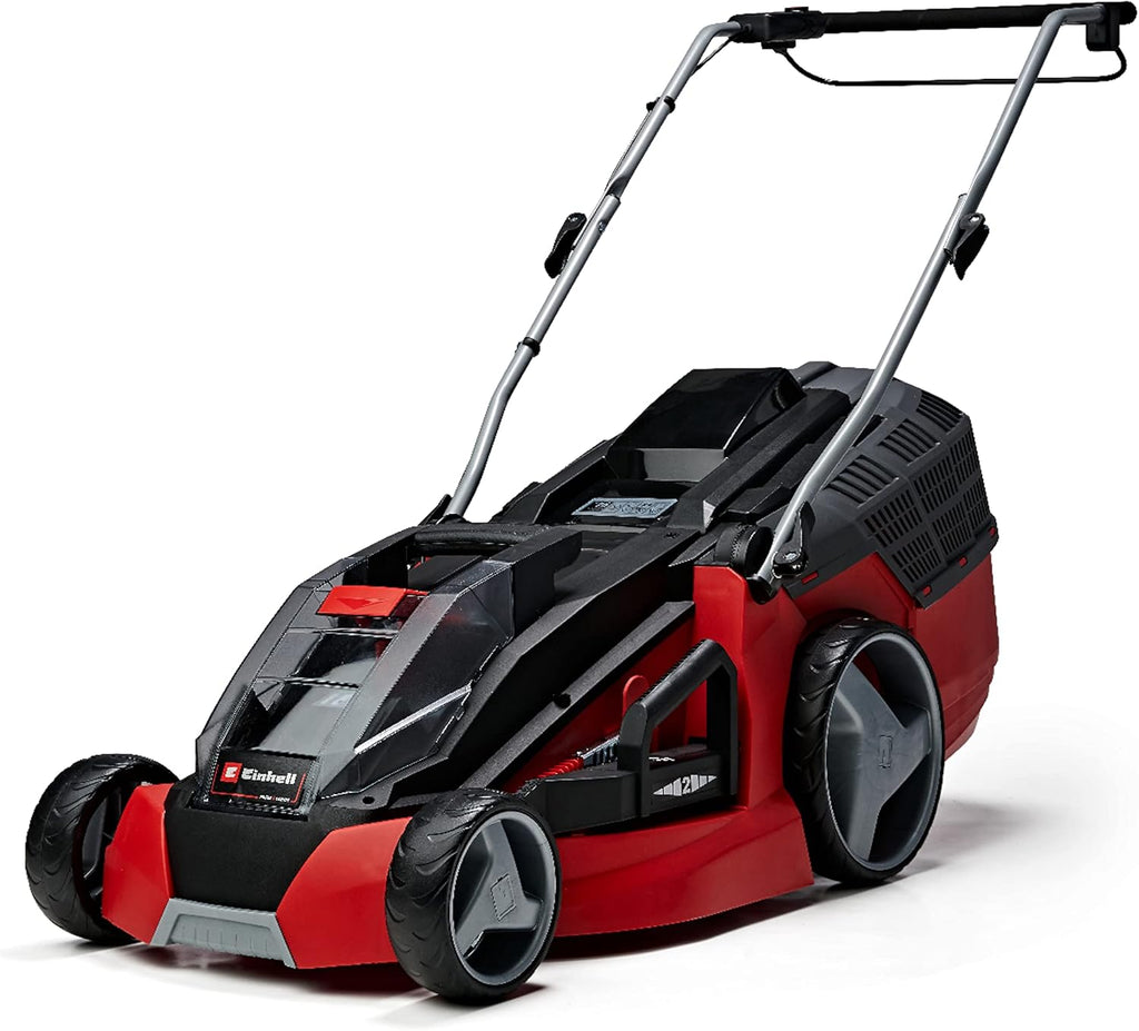 Cortacésped inalámbrico Einhell GE-CM 43 Li M Kit Power X-Change (36 V, ancho de corte de 43 cm, hasta 600 m², sin escobillas, kit de mulching, cesta colectora de 63 L, altura de corte de 25-75 mm, incl. 2 baterías de 4,0 Ah + 2 cargadores)