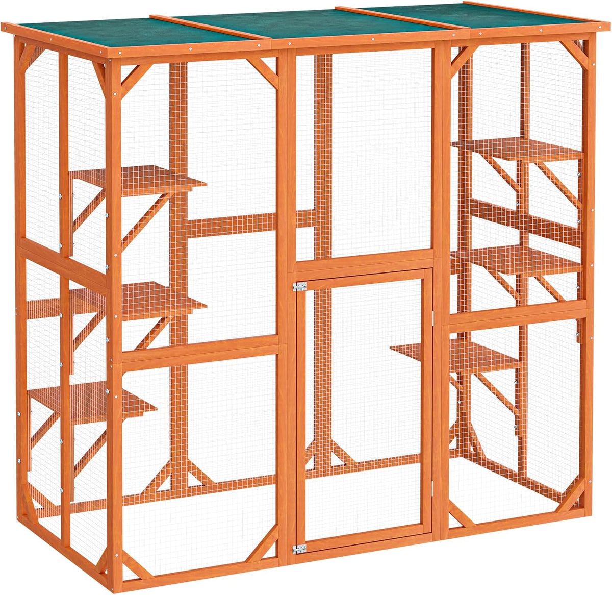 Recinto exterior para gatos Wiltec 168 x 82 x 166,5 cm con 6 superficies de descanso, recinto para gatos resistente a la intemperie para jardín, caseta para gatos con malla de alambre y techo de betún