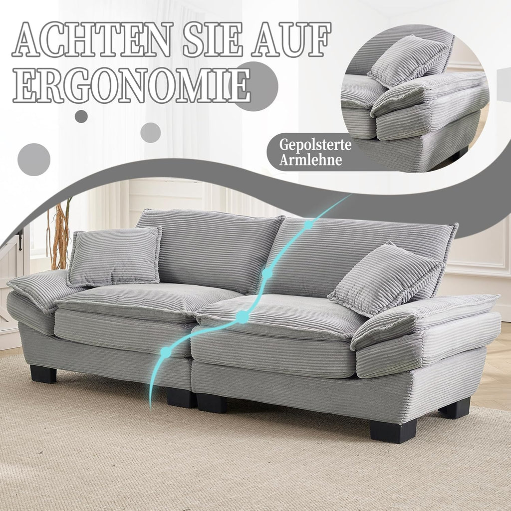 Sofá de 3 plazas, sofá con reposabrazos, cojines decorativos, sofá tapizado con funda de pana, acolchado grueso, sofá lounge, capacidad de carga hasta 450 kg, para sala de estar, dormitorio, 224x81x81cm (gris claro)