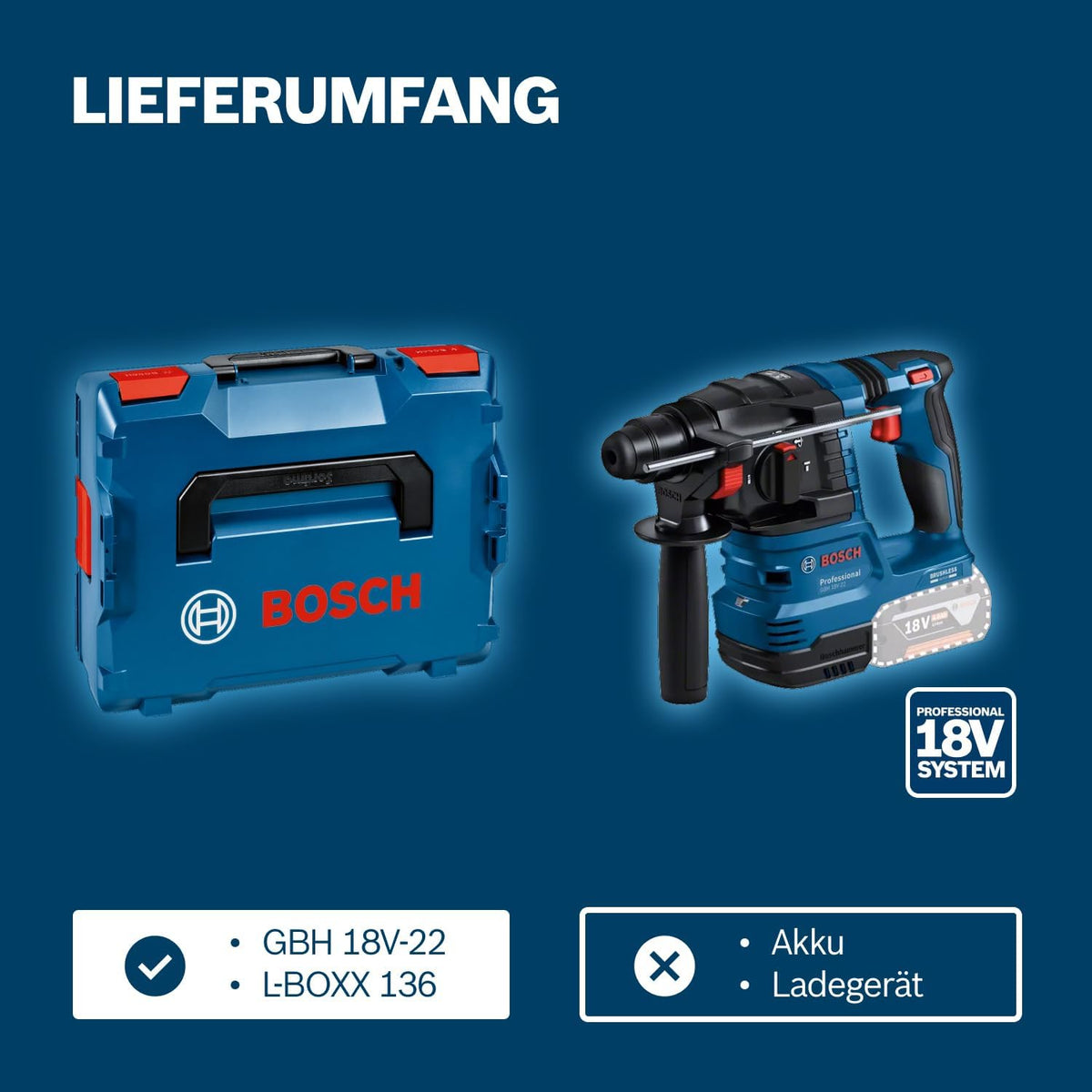 Martillo perforador a batería Bosch Professional 18V System GBH 18V-22 (con SDS plus, Kickback Control y Vibration Control, incl. L-BOXX, sin batería ni cargador) alimentado por batería