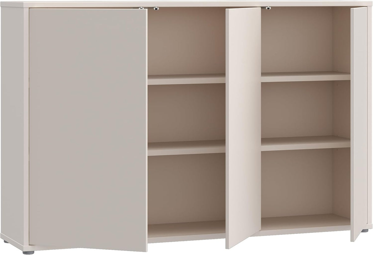 Cómoda Forte Alice Springs 150 155, aparador grande con 3 puertas de armario, pasillo, salón, dormitorio, madera de ingeniería, beige cachemira, 154,2 cm de ancho x 99,1 cm de alto x 34,9 cm de profundidad