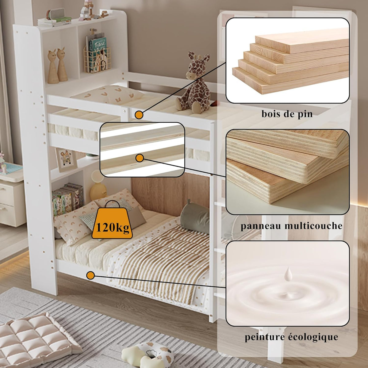 Cama infantil de 90x200 con estantes y escalera, cama funcional litera para 2 niños, litera cama alta juvenil con almacenamiento y somier, cama juvenil con marco de madera maciza, sin colchón, blanca