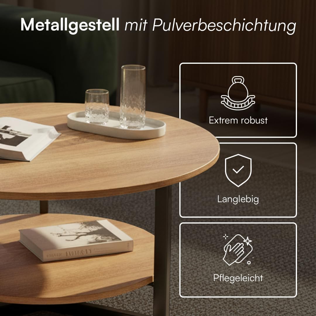 Mesa de centro red onda skølm Drakkar Ø70 cm – Mesa de salón de madera maciza de roble y estructura de metal – Mesa de sofá con 2 estantes – Mesa auxiliar pequeña aceitada – Mesa de madera para salón con espacio de almacenamiento – Mesa de centro