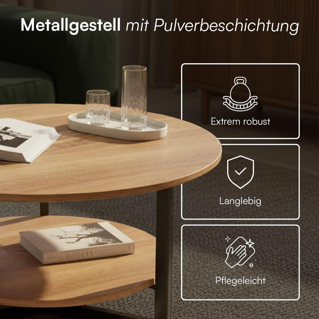Mesa de centro redonda skølm Drakkar Ø70 cm – Mesa de salón de madera maciza de roble y estructura de metal – Mesa de sofá con 2 estantes – Mesa auxiliar pequeña aceitada – Mesa de madera para salón con espacio de almacenamiento – Mesa de centro