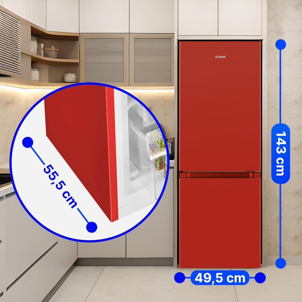 Bomann, KG320, Frigorífico y congelador 175L, Control de temperatura continuo, Bisagras de puerta a la derecha, intercambiables, Pies ajustables, Rojo