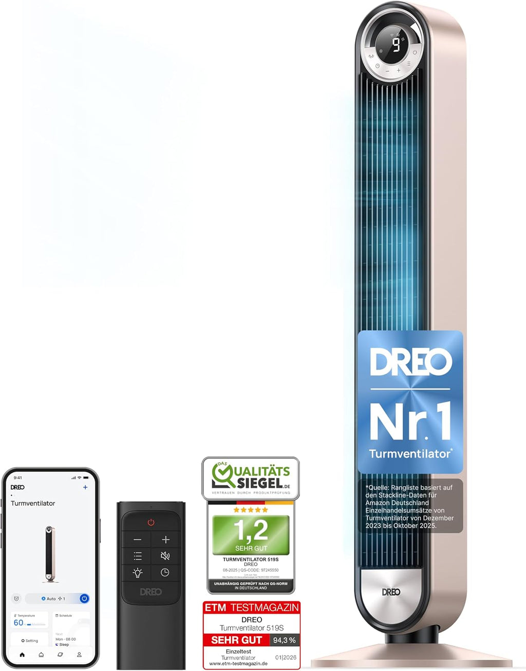 DREO 25dB Ventilador de torre inteligente y silencioso con refrigeración, ventilador de torre WiFi de 106cm compatible con Alexa, oscilación de 90°, control remoto, 9 velocidades, 4 modos, temporizador de 12 horas, control por voz, luz estelar