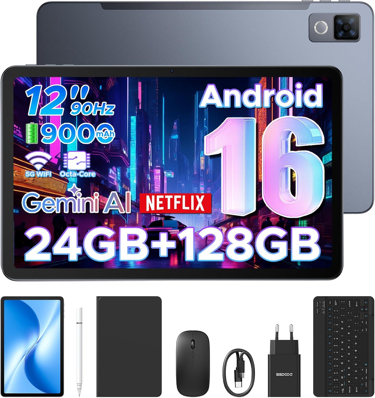 Tableta Android DOOGEE U12-V, tableta de 12 pulgadas, 24 GB RAM + 128 GB ROM (TF 2 TB), batería de 9000 mAh / carga rápida de 18 W, procesador Octa-Core Unisoc T7255, cámara de 13 MP, teclado para tableta con lápiz óptico, WiFi 5G