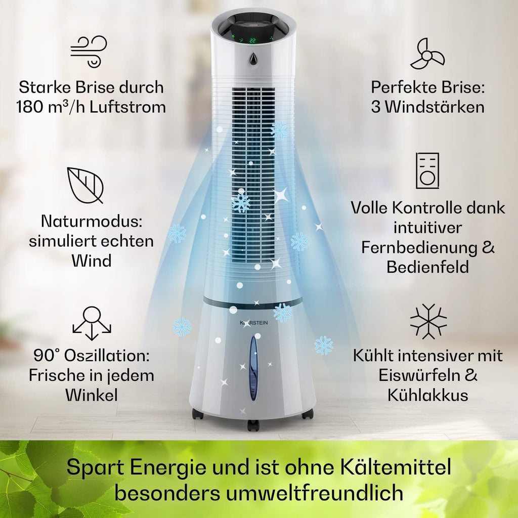 Klarstein 4 en 1: Enfriador de aire inteligente, ventilador, humidificador e ionizador I Depósito de agua de 6 L, oscilación, 30 W, 210 m³/h, temporizador I Aire acondicionado sin tubo de escape, aire acondicionado portátil, negro-oro rosa