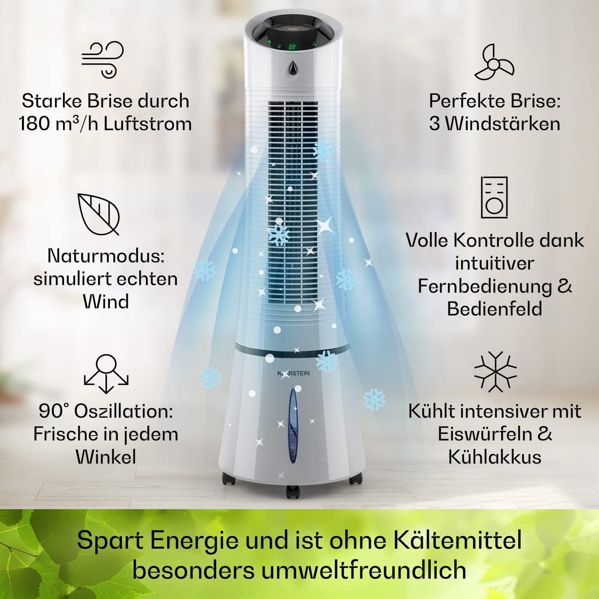 Klarstein 4 en 1: Enfriador de aire inteligente, ventilador, humidificador e ionizador I Depósito de agua de 6 L, oscilación, 30 W, 210 m³/h, temporizador I Aire acondicionado sin tubo de escape, aire acondicionado portátil, negro-oro rosa