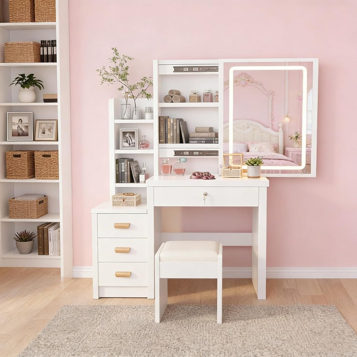 Tocador blanco, mesa de cosméticos con espejo y taburete, tocador con iluminación LED, mesa de maquillaje con 4 cajones, conjunto de tocador para dormitorio, 135 * 80 * 36 cm