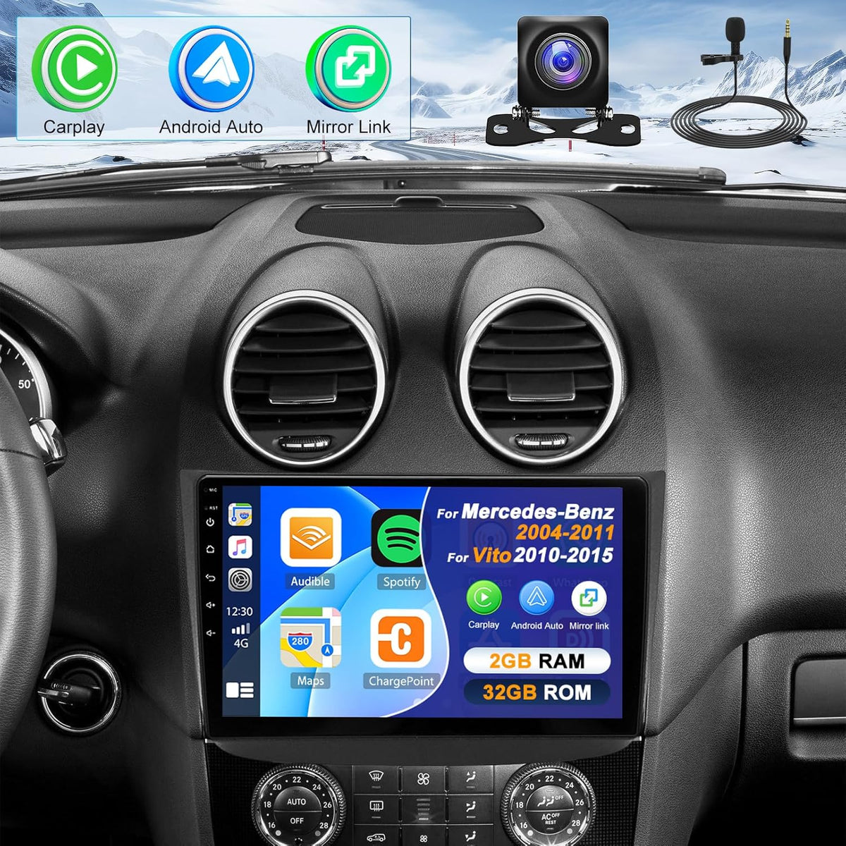 Autoradio 2G+32G para Mercedes-Benz Vito 2004-2011/2010-2015 con Carplay inalámbrico y Android Auto, Android 13 10.1'' Radio de coche con BT GPS WiFi Mirror Link FM/RDS EQ SWC