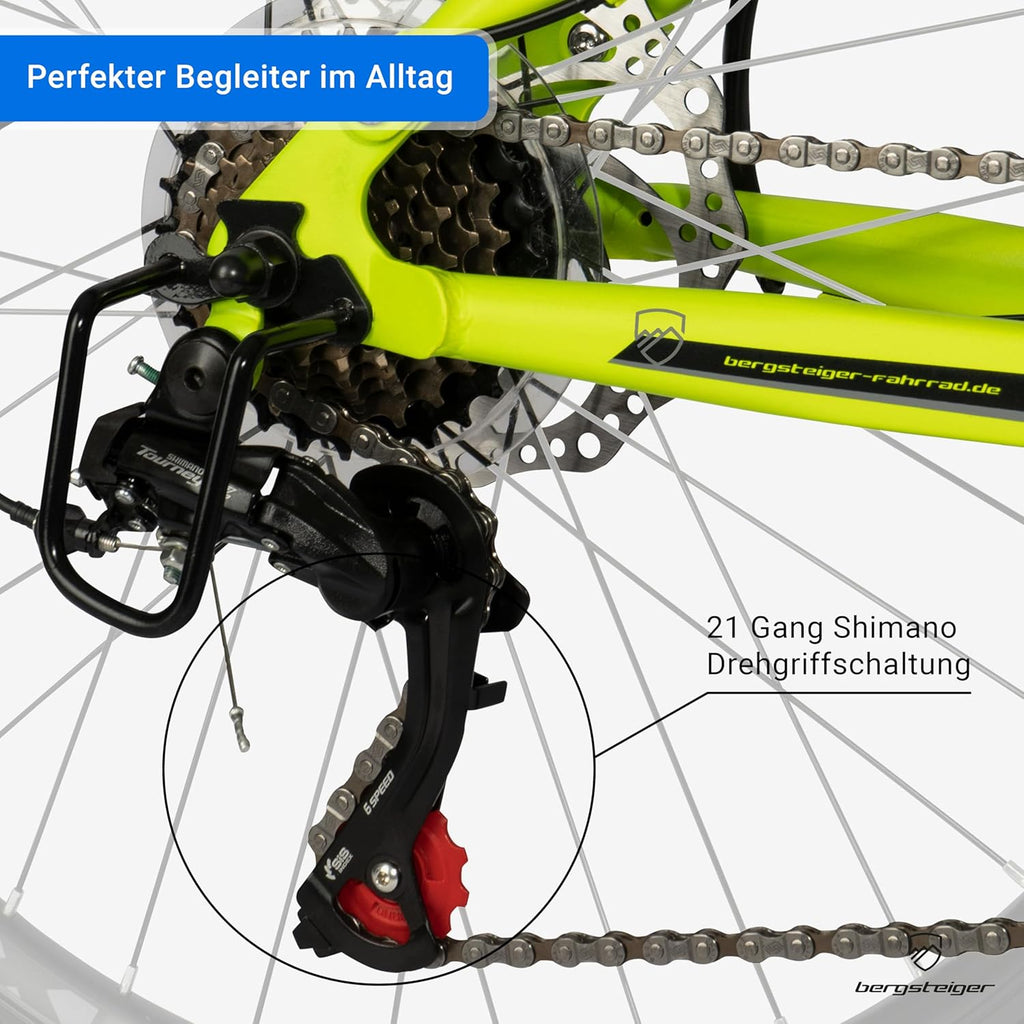 Bergsteiger Broome 24, bicicleta infantil de 26 pulgadas, cambio de 21 velocidades, cumple con StVZO, bicicleta de montaña con suspensión total, frenos de disco y luz de dinamo, adecuada para niños y niñas de 8, 9, 10, 11, 12, 13 años