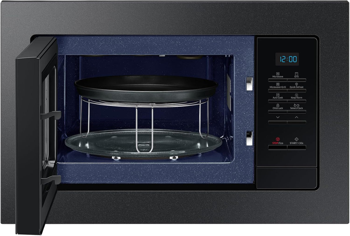 Samsung MG20A7013CB/EG kuchenka mikrofalowa do zabudowy z grillem, 850 W, pojemność 20 l, mała kuchenka mikrofalowa do wnęki 28 cm, z ramą montażową, Crusty Plate, odporne na zarysowania wnętrze