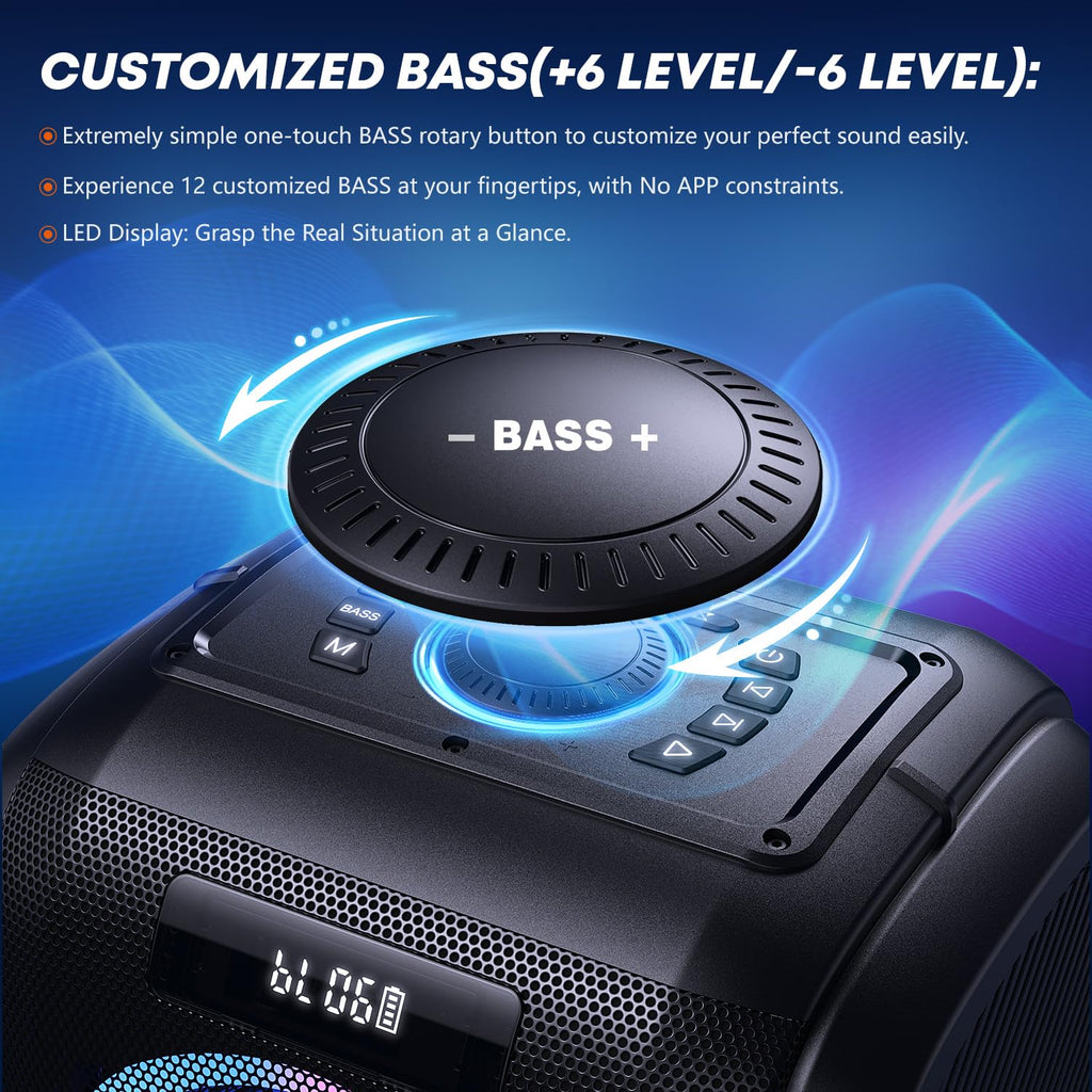 Altavoz Bluetooth W-KING 270W Peak Partybox 125dB, 12 bajos, 2 woofers de 16,5 cm, super graves, entrada de micrófono y guitarra, USB, AUX, batería.