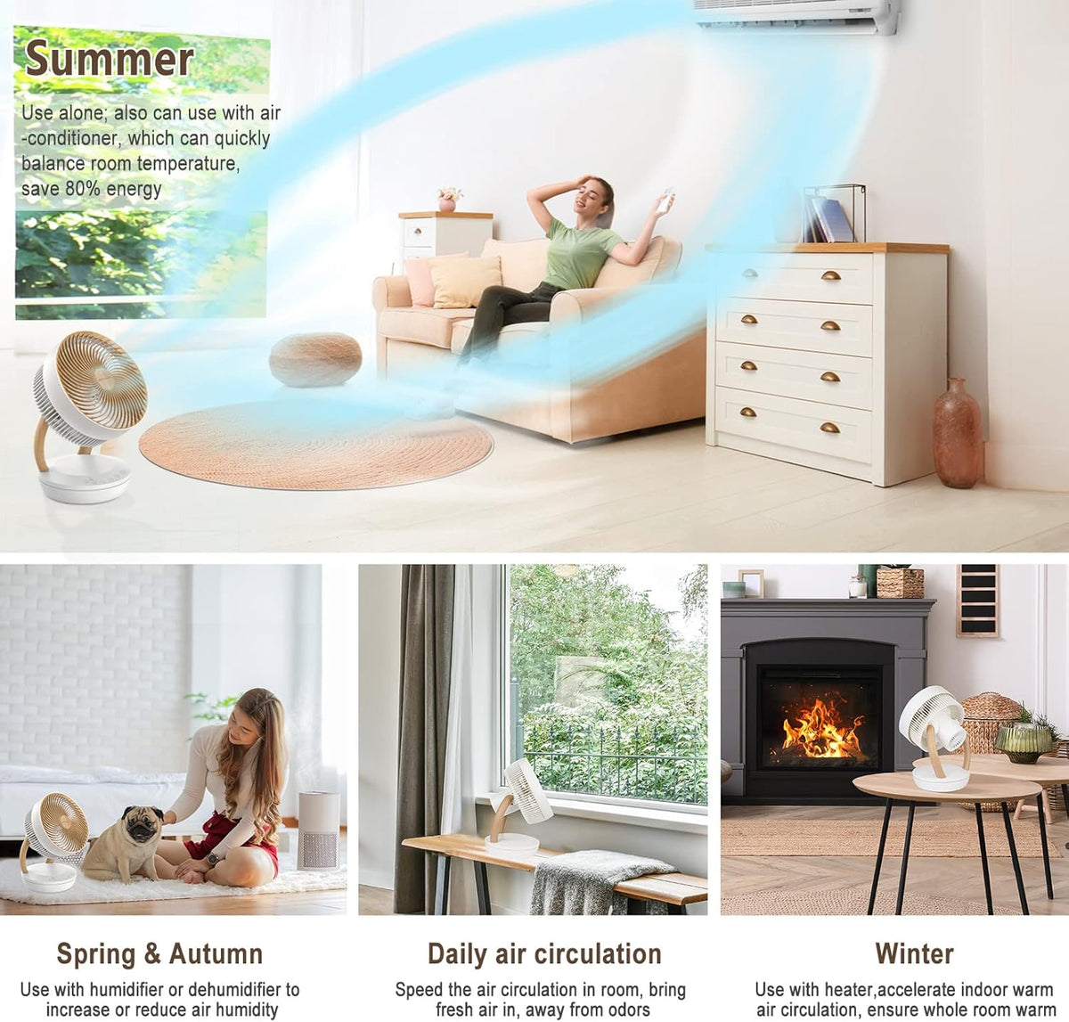Ventilador MYCARBON muy silencioso, motor DC 20dB, caudal de aire 1850m³/h, 8 velocidades, modo ECO, ventilador de mesa, circulador de aire 3D para dormitorio de 30m², ventilador turbo, temporizador de 8h