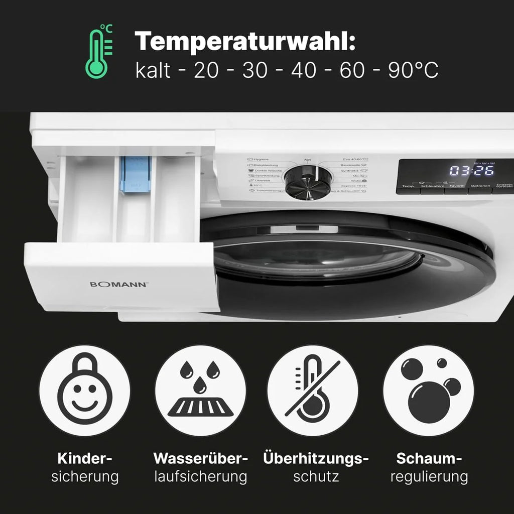 Bomann® Pralka 7 kg | maks. 1400 obr./min | 10 lat na silnik | wydajny, cichy i trwały silnik inwertorowy | 15 programów | wyświetlacz LED | Washing Machine | WA 7175 biało-czarna