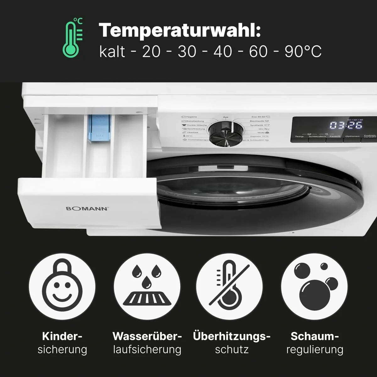 Bomann® Pralka 7 kg | maks. 1400 obr./min | 10 lat na silnik | wydajny, cichy i trwały silnik inwertorowy | 15 programów | wyświetlacz LED | Washing Machine | WA 7175 biało-czarna