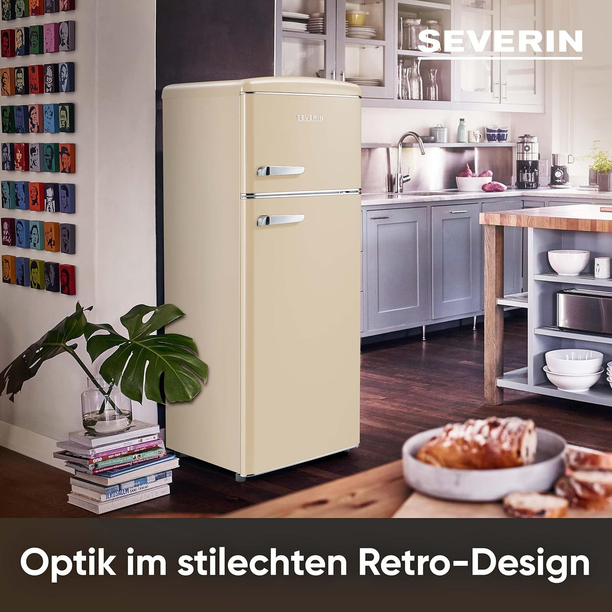 SEVERIN Retro - Frigorífico combi, compacto y eficiente, 4 estantes ajustables en altura y una gran cajonera para verduras, 206 L de capacidad útil, color crema, RKG 8933