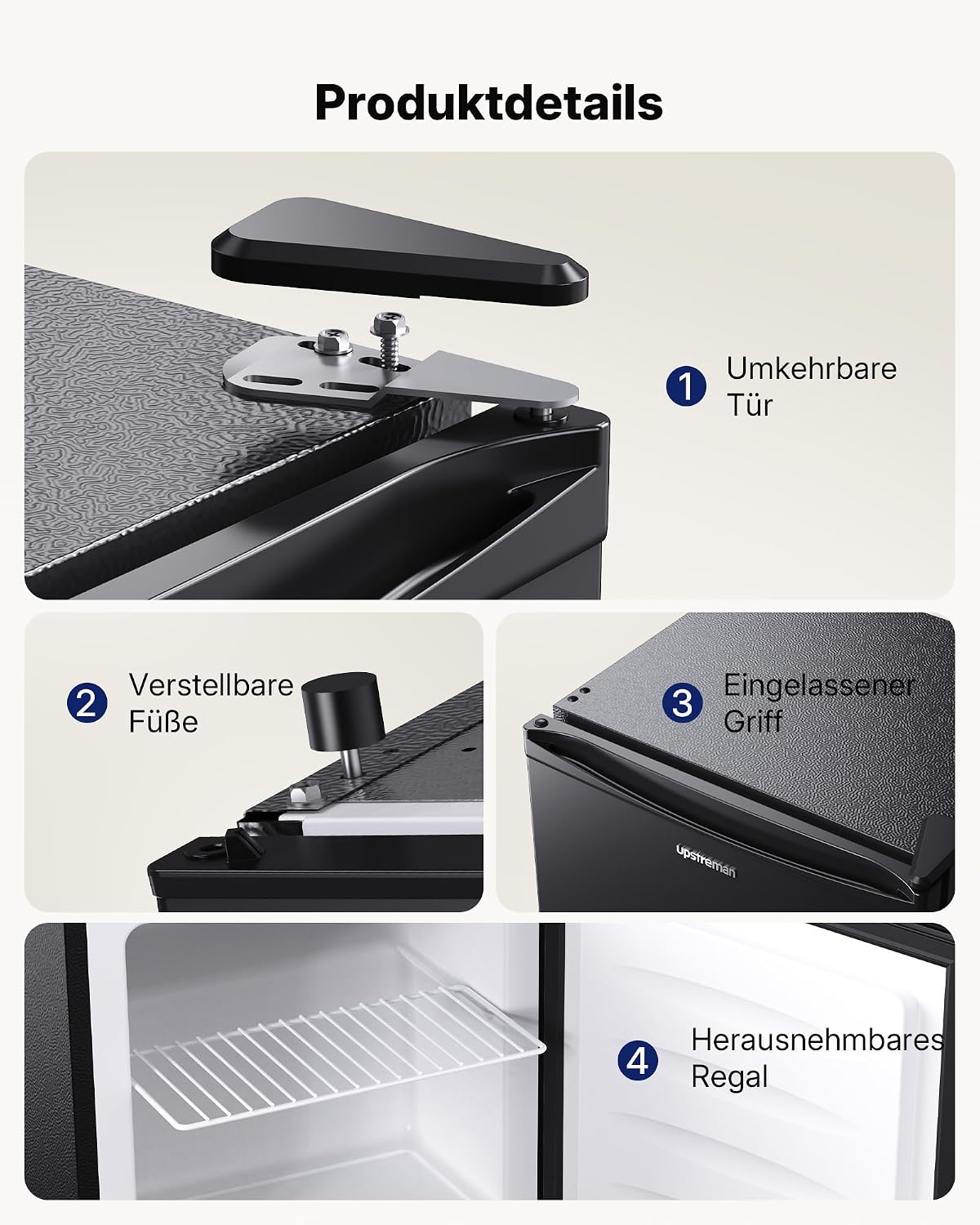Congelador pequeño Upstreman de 35 L, mini congelador de 4 estrellas a -21 °C, puertas reversibles, silencioso, bajo consumo, bisagra de puerta reversible, congelador pequeño, oficina, hotel, negro, UF35