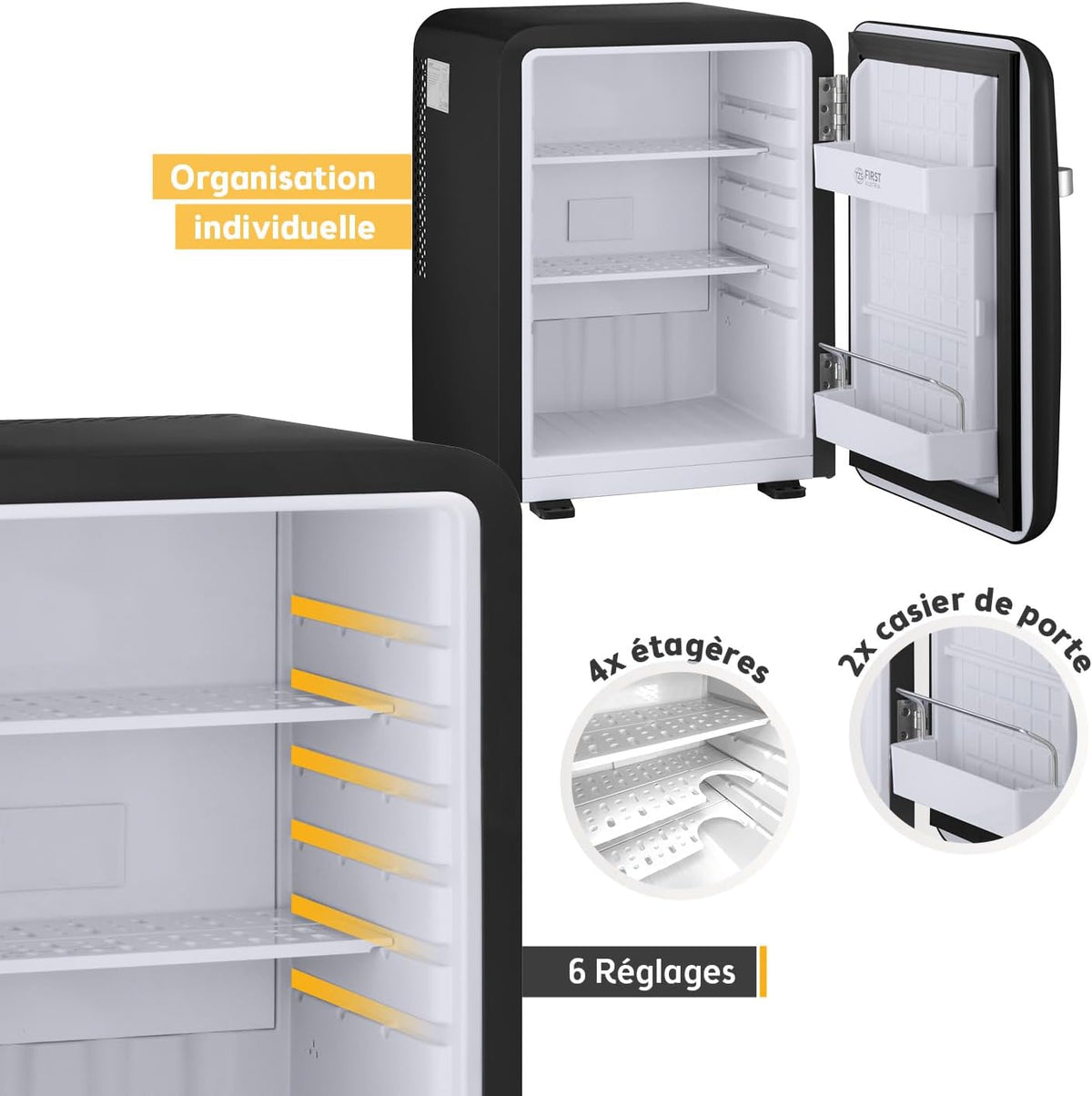 TZS First Austria - Mini nevera retro 40L silenciosa - Pequeño minibar de diseño vintage con luz interior y 2 compartimentos en la puerta - Minibar para camping, oficina, dormitorio y hotel - negro