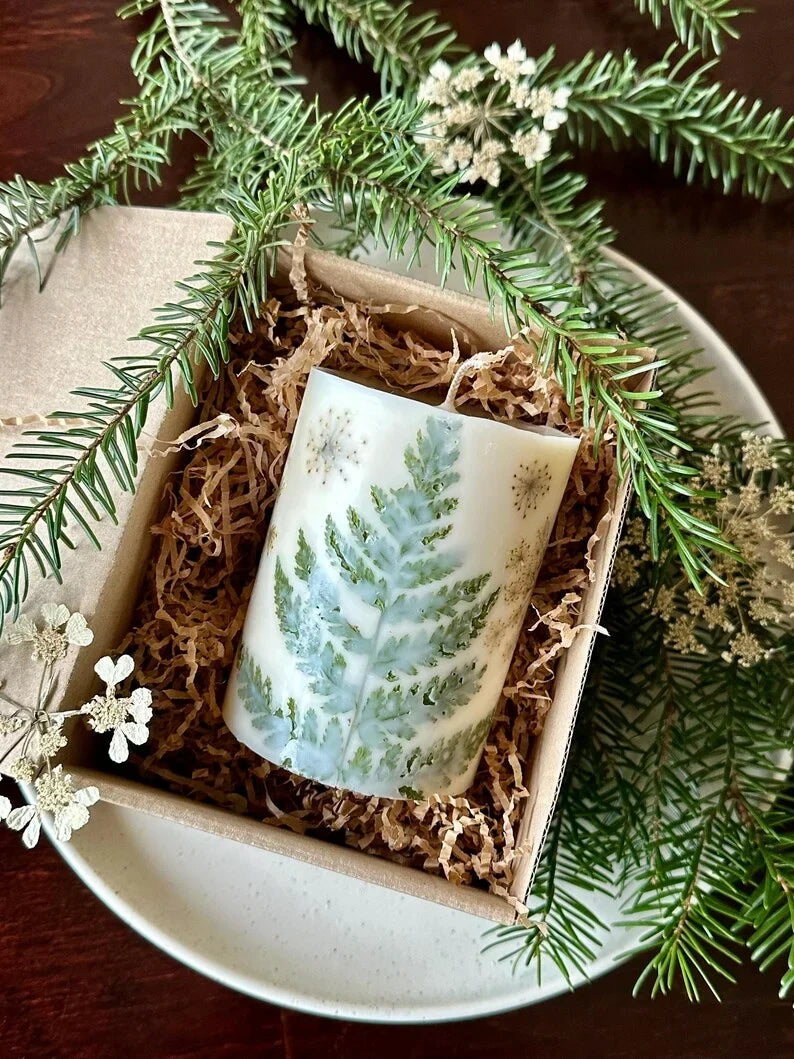 Vela de boda botánica con flores prensadas, decoración de mesa boho, vela de bosque, cera de soja, 9x7,5 cm