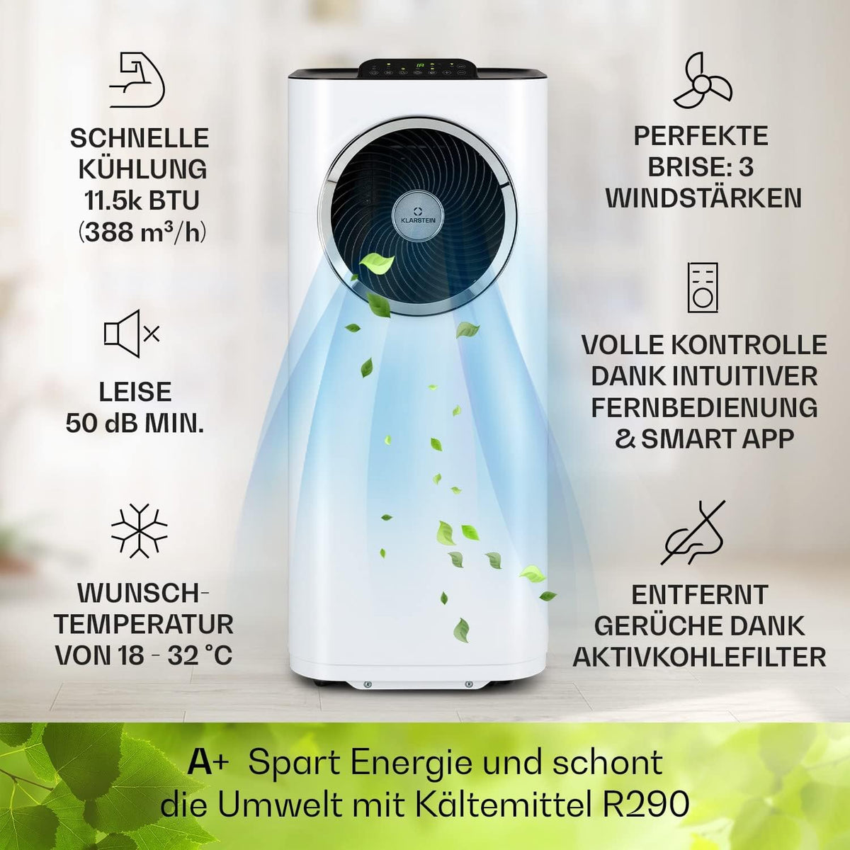 Acondicionador de aire portátil Klarstein con manguera de escape, unidad de climatización 5 en 1, ventilador, deshumidificador, purificador de aire y modo nocturno, control por aplicación, pequeño y portátil, para hogar y oficina, 12000 BTU